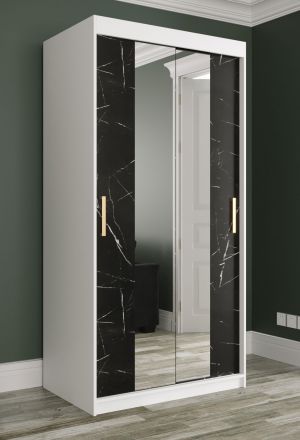 Kledingkast met grote spiegel Etna 51, kleur: mat wit / zwart marmer - afmetingen: 200 x 100 x 62 cm (H x B x D), met voldoende opbergruimte