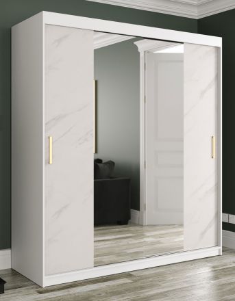 Kledingkast met grote spiegel Etna 64, kleur: mat wit / wit marmer - afmetingen: 200 x 180 x 62 cm (H x B x D), met 10 vakken