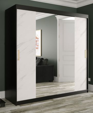 Stijlvolle kledingkast Etna 66, kleur: mat zwart / wit marmer - afmetingen: 200 x 200 x 62 cm (H x B x D), met spiegel
