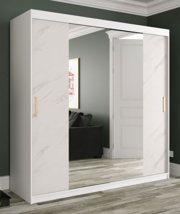 elegante kledingkast met grote spiegel Etna 68, kleur: mat wit / wit marmer - afmetingen: 200 x 200 x 62 cm (H x B x D), met 10 vakken en twee kledingstangen