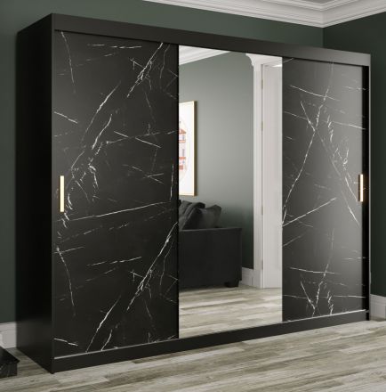elegante kledingkast met voldoende opbergruimte Etna 69, kleur: mat zwart / zwart marmer - afmetingen: 200 x 250 x 62 cm (H x B x D), met spiegel