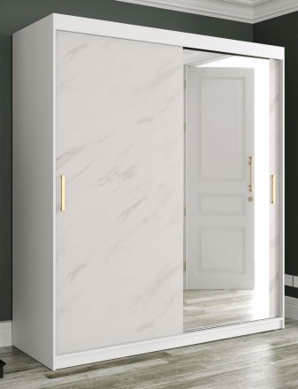 bijzondere kledingkast met één deur met spiegel Etna 88, kleur: mat wit / wit marmer - afmetingen: 200 x 180 x 62 cm (H x B x D), met 10 vakken