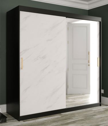 elegante kledingkast met deur met spiegel Etna 90, kleur: mat zwart / wit marmer - afmetingen: 200 x 200 x 62 cm (H x B x D), met voldoende opbergruimte