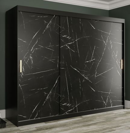 bijzondere kledingkast met spiegel Etna 49, kleur: mat zwart / zwart marmer - afmetingen: 200 x 100 x 62 cm (H x B x D), met vijf vakken.
