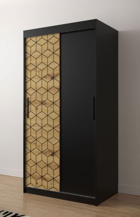 smalle / kolom kledingkast met voldoende opbergruimte Dom 05, kleur: mat zwart / eiken Artisan - afmetingen: 200 x 100 x 62 cm (H x B x D), met vijf vakken en twee kledingstangen
