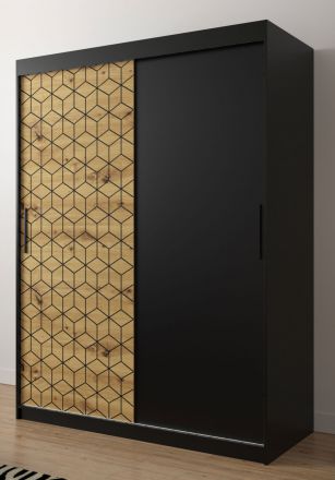 elegante kledingkast met voldoende opbergruimte Dom 17, kleur: mat zwart / eiken Artisan - afmetingen: 200 x 150 x 62 cm (H x B x D), met vijf vakken en twee kledingstangen