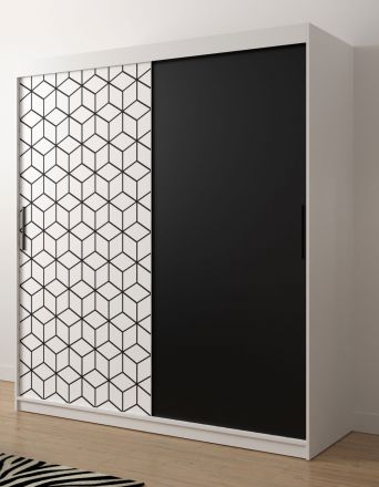 Eenvoudige kledingkast met modern patroon Dom 22, kleur: mat wit / mat zwart - afmetingen: 200 x 180 x 62 cm (H x B x D), met 10 vakken en twee kledingstangen