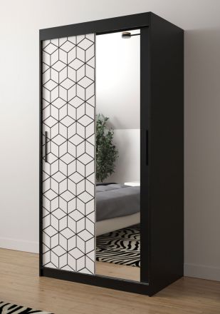 elegante kledingkast Dom 78, kleur: mat zwart / mat wit - afmetingen: 200 x 100 x 62 cm (H x B x D), met één spiegel