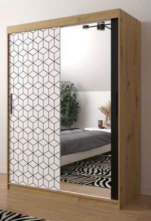 eenvoudige kledingkast met deur met spiegel Dom 86, kleur: eiken Artisan / mat wit / mat zwart - afmetingen: 200 x 150 x 62 cm (H x B x D), met modern design.