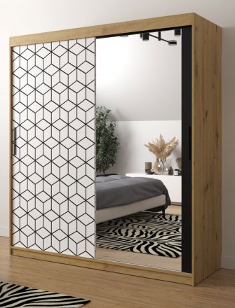 eenvoudige kledingkast met modern design Dom 92, kleur: eiken Artisan / mat wit / mat zwart - afmetingen: 200 x 180 x 62 cm (H x B x D), met één deur met spiegel