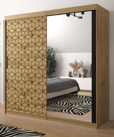 elegante kledingkast met één deur met spiegel Dom 97, kleur: Artisan eiken / mat zwart - afmetingen: 200 x 200 x 62 cm (H x B x D), met voldoende opbergruimte
