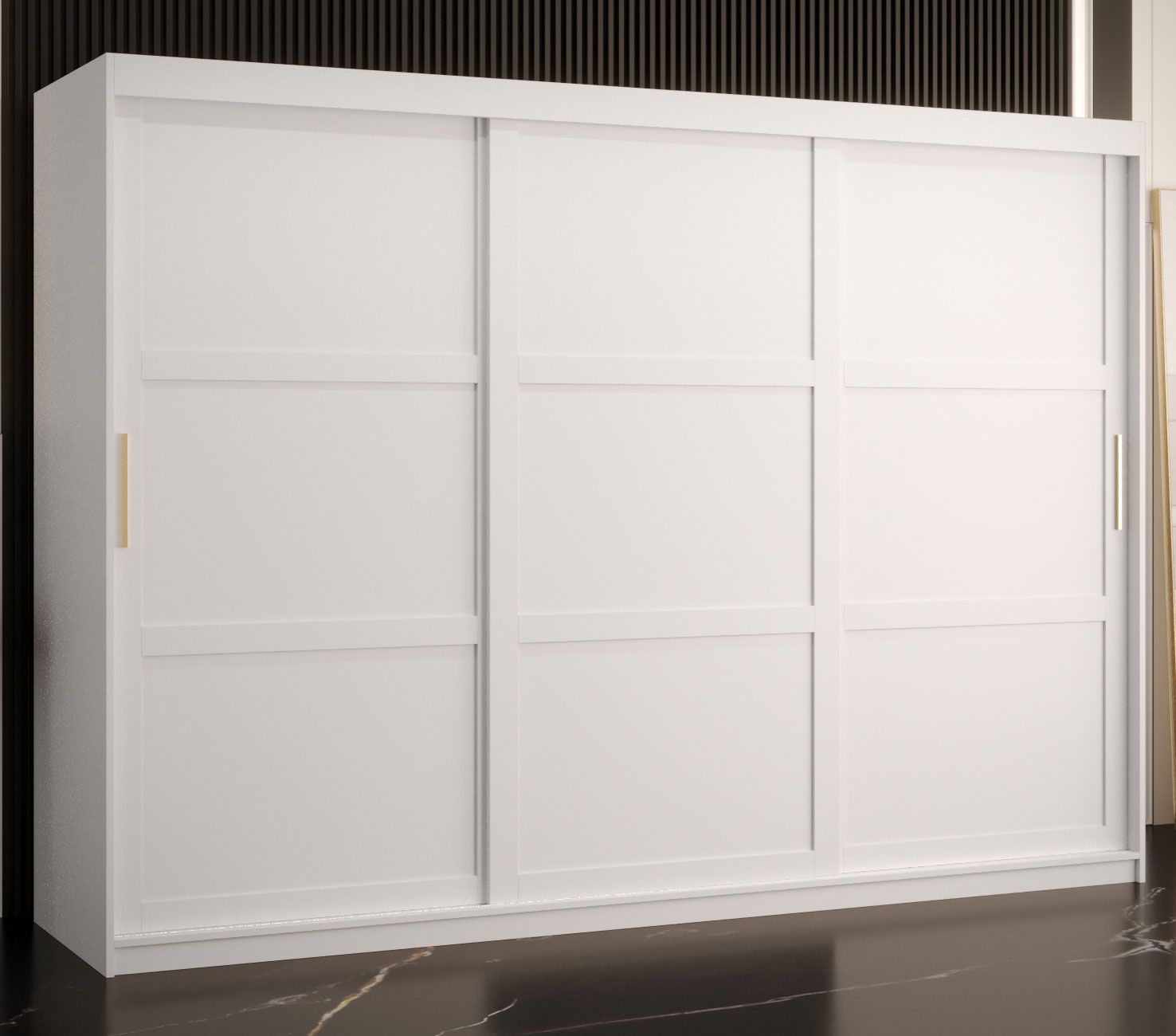 elegante kledingkast met drie deuren Liskamm 21, kleur: mat wit - afmetingen: 200 x 250 x 62 cm (H x B x D), met 10 vakken en twee kledingroedes