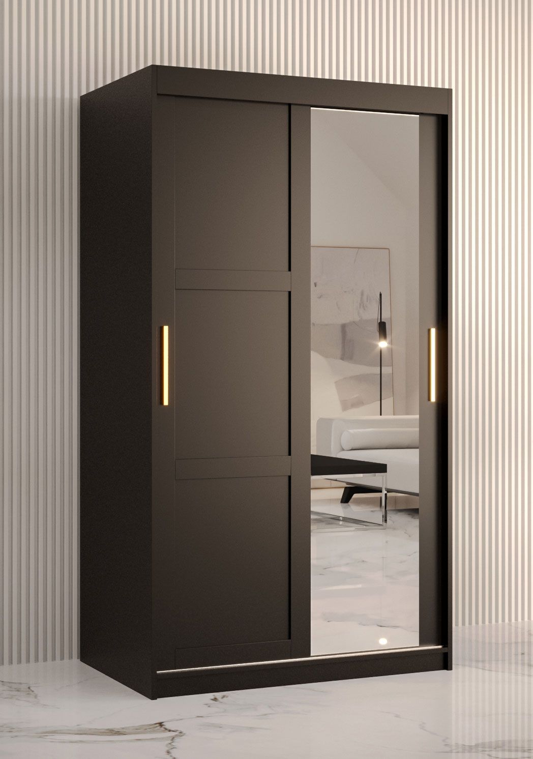 elegante kledingkast met één deur met spiegel Liskamm 28, kleur: mat zwart - afmetingen: 200 x 100 x 62 cm (H x B x D), met vijf vakken en twee kledingstangen
