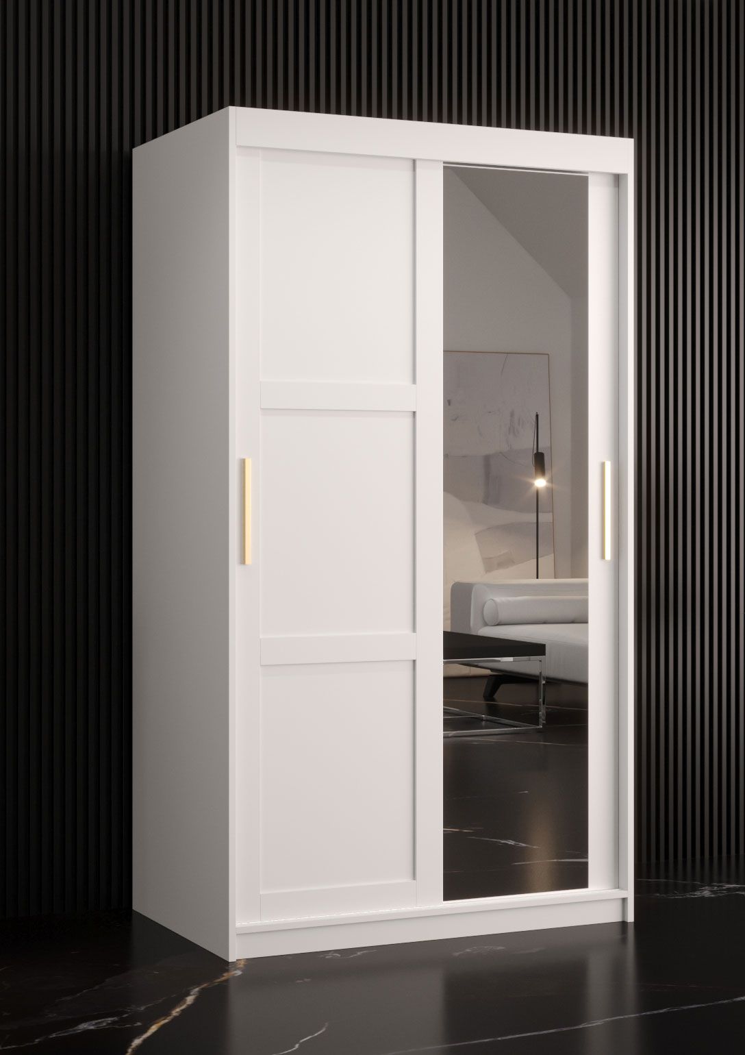 smalle / kolom kledingkast met één deur met spiegel Liskamm 25, kleur: mat wit - afmetingen: 200 x 100 x 62 cm (H x B x D), met vijf vakken
