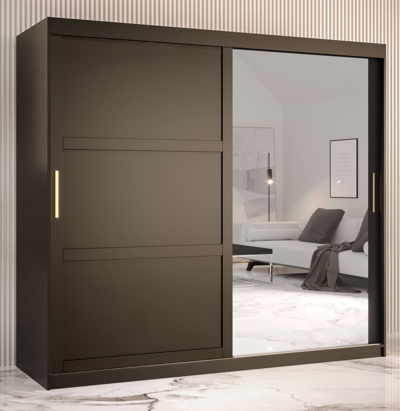 elegante kledingkast met één deur met spiegel Liskamm 44, kleur: mat zwart - afmetingen: 200 x 200 x 62 cm (H x B x D), met 10 vakken en twee kledingstangen