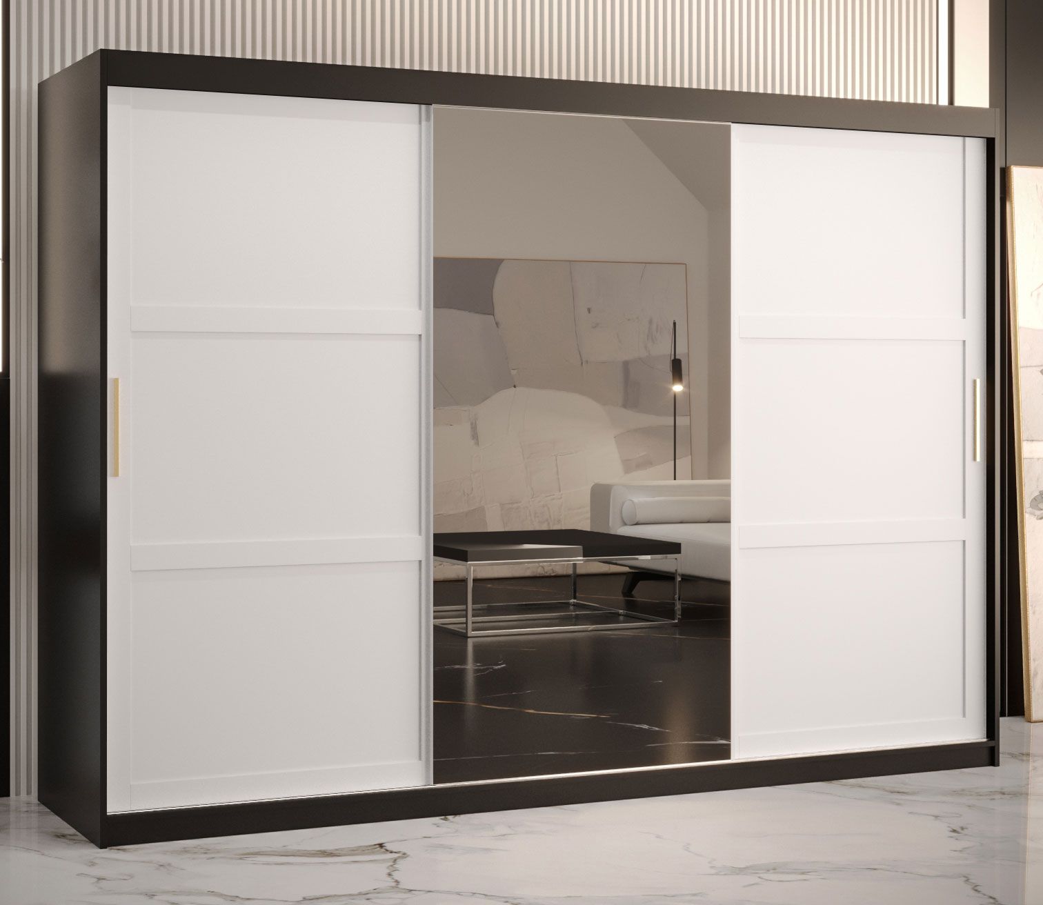 Kledingkast met één deur met spiegel Liskamm 47, kleur: mat zwart / mat wit - afmetingen: 200 x 250 x 62 cm (H x B x D), met voldoende opbergruimte