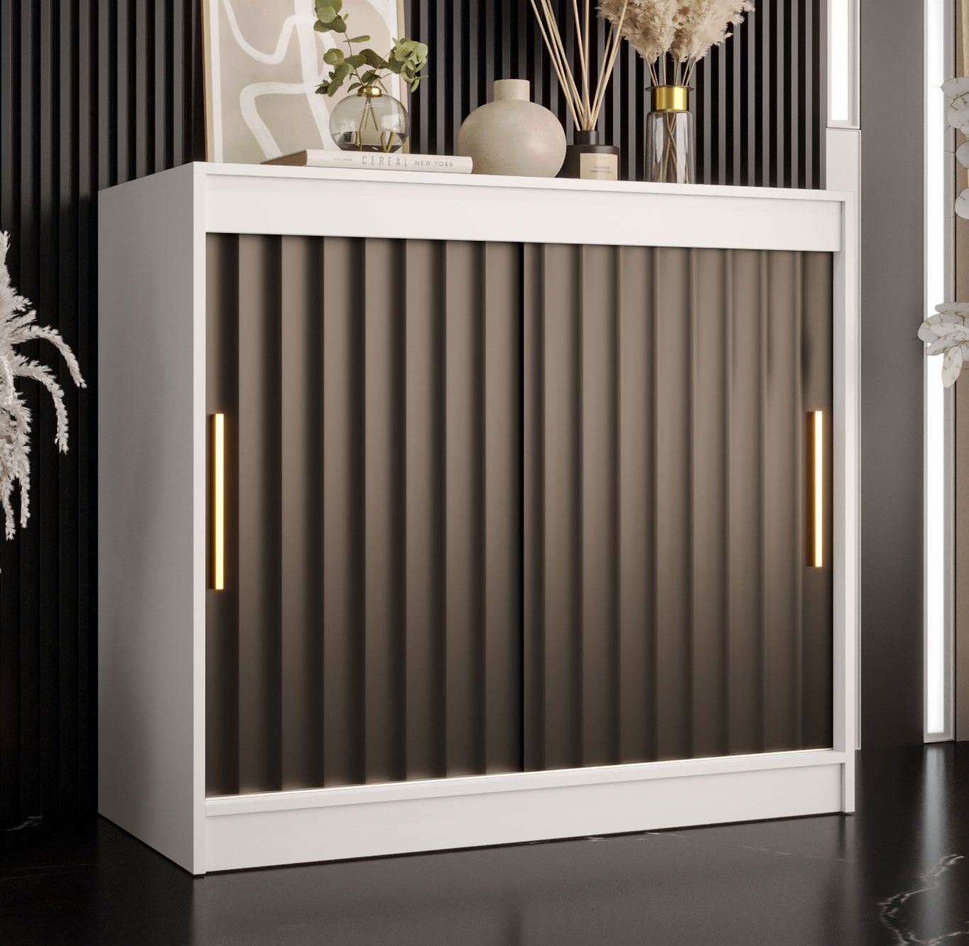 Ladekast /dressoir /sideboard kast met vier vakken Balmenhorn 102, kleur: mat wit / mat zwart - afmetingen: 100 x 100 x 45 cm (H x B x D), met twee schuifdeuren