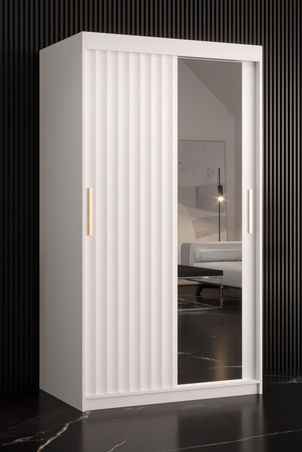 Stijlvolle kledingkast met één deur met spiegel Balmenhorn 73, kleur: mat wit - afmetingen: 200 x 100 x 62 cm (H x B x D), met vijf vakken