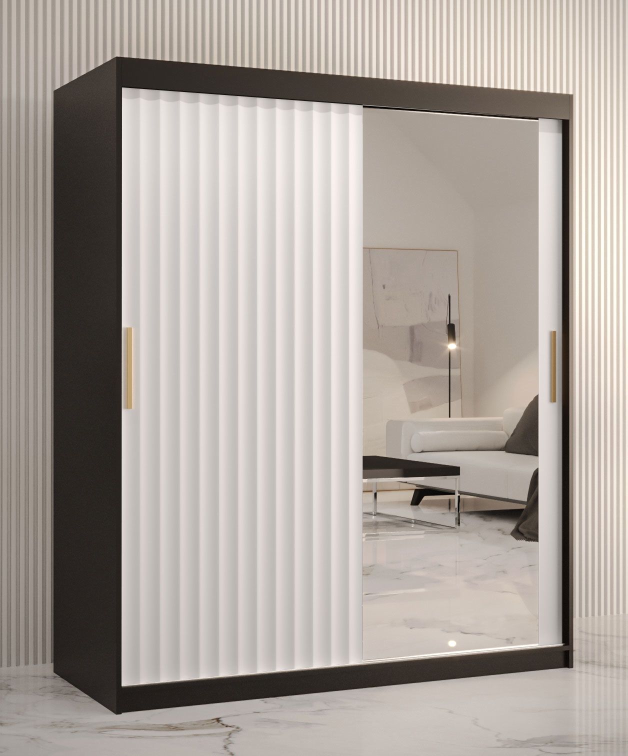 elegante kledingkast met vijf vakken Balmenhorn 83, kleur: mat zwart / mat wit - afmetingen: 200 x 150 x 62 cm (H x B x D), met één deur met spiegel
