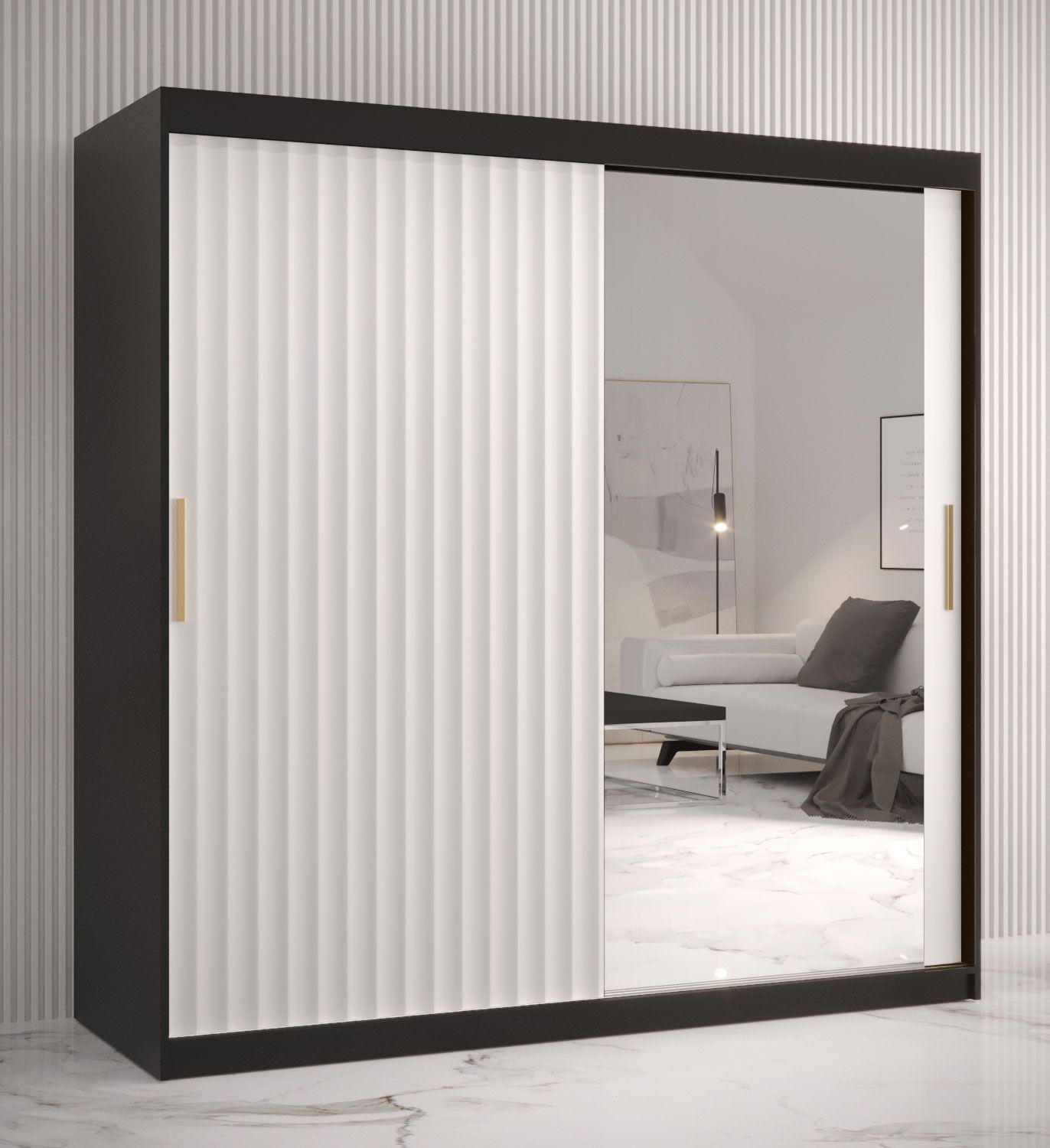 moderne kledingkast Balmenhorn 87, kleur: mat zwart / mat wit - afmetingen: 200 x 180 x 62 cm (H x B x D), met één deur met spiegel