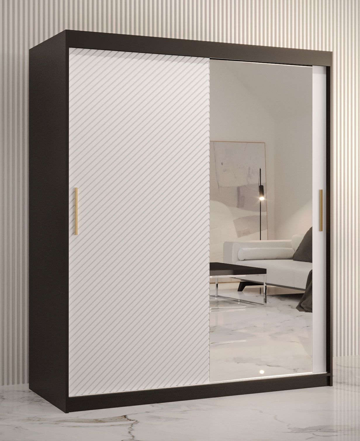 Balmenhorn 35 kledingkast met één deur met spiegel, kleur: mat zwart / mat wit - afmetingen: 200 x 150 x 62 cm (H x B x D), met vijf vakken