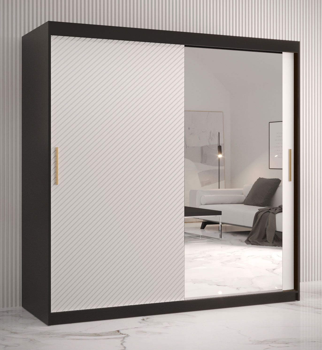 Kledingkast in eenvoudig Balmenhorn 39-design, kleur: mat zwart / mat wit - afmetingen: 200 x 180 x 62 cm (H x B x D), met één deur met spiegel