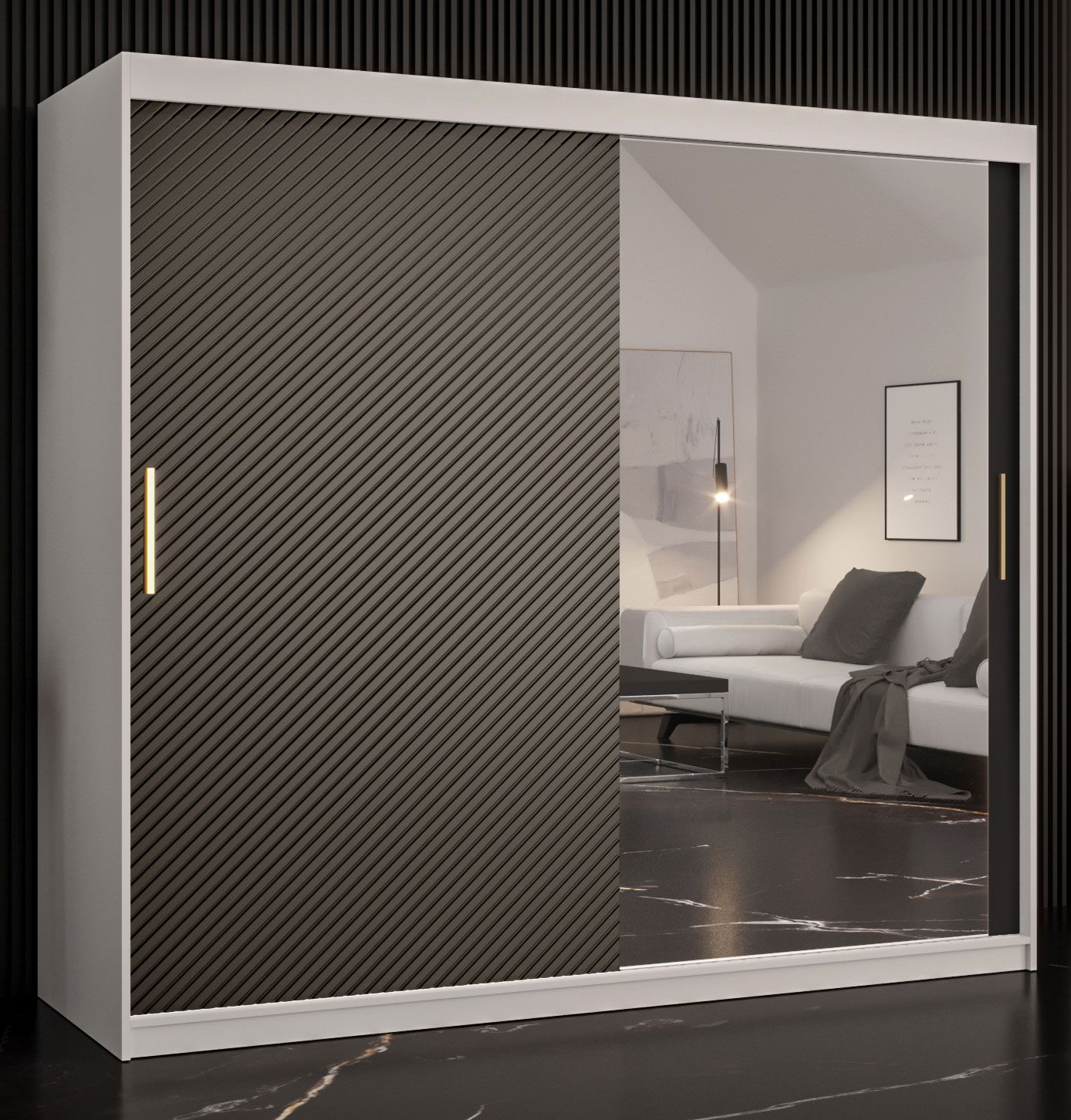 elegante kledingkast met één deur met spiegel Balmenhorn 42, kleur: mat wit / mat zwart - afmetingen: 200 x 200 x 62 cm (H x B x D), met 10 vakken en twee kledingstangen