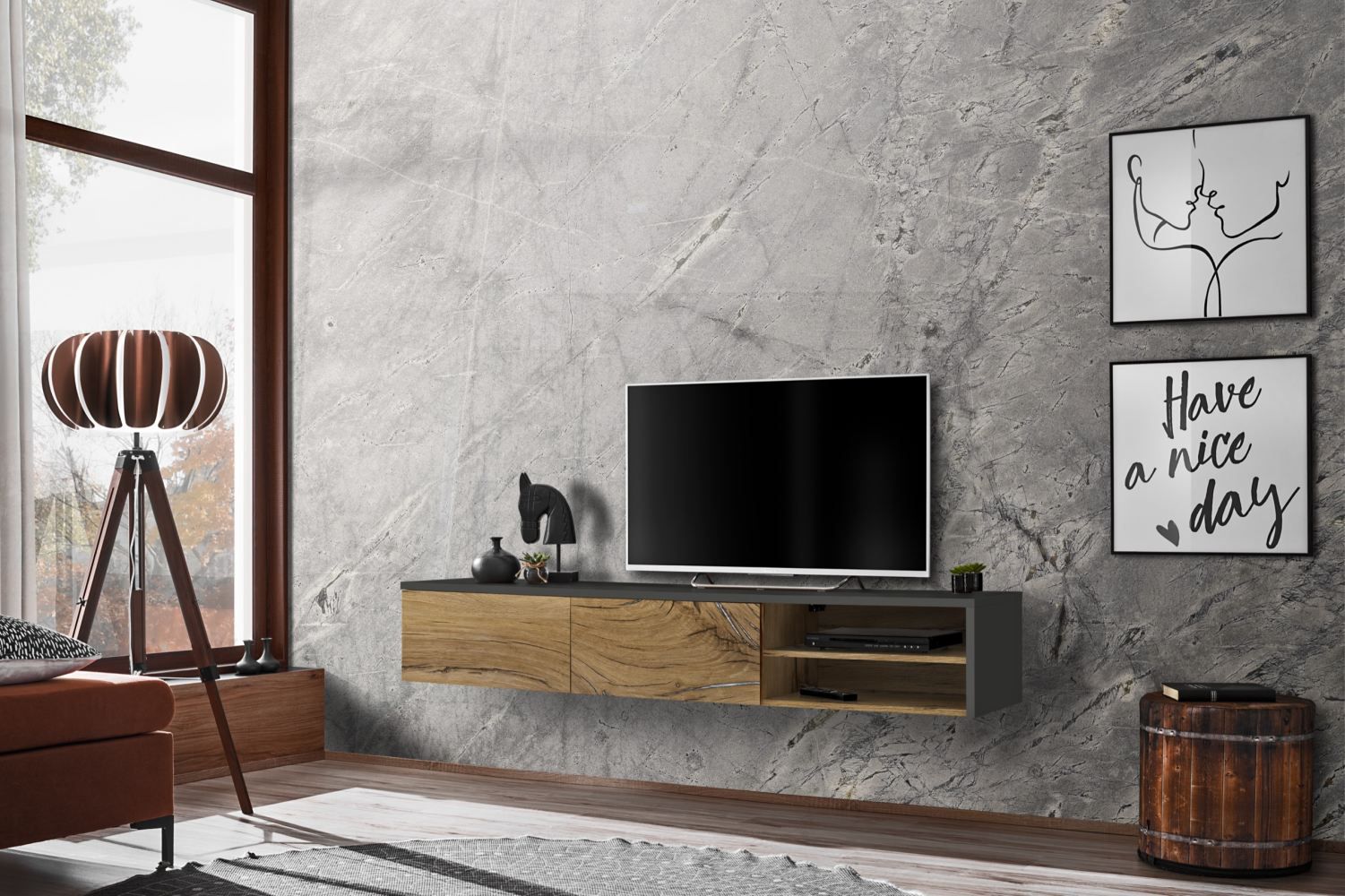 TV-meubel met drie vakken Bjordal 16, kleur: eiken Flagstaff / antraciet - Afmetingen: 30 x 180 x 40 cm (H x B x D), met push-to-open functie
