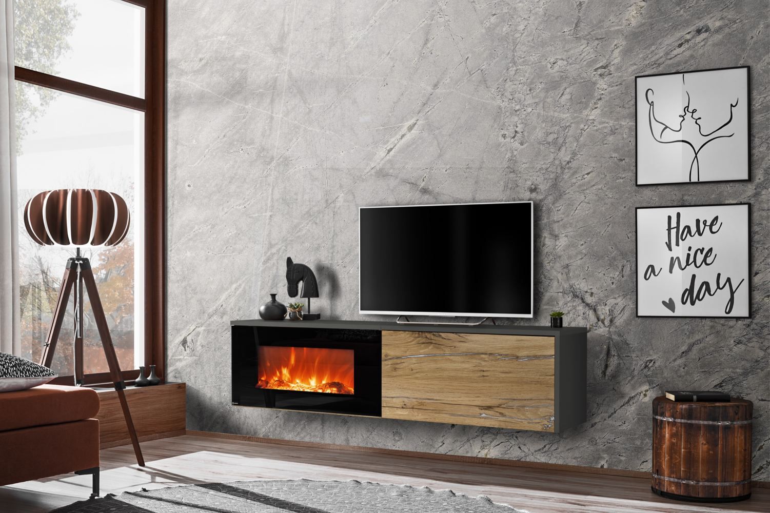 TV-meubel Bjordal 20, moderne stijl, kleur: eiken Flagstaff / antraciet - afmetingen: 45 x 180 x 40 cm (H x B x D), met elektrische haard