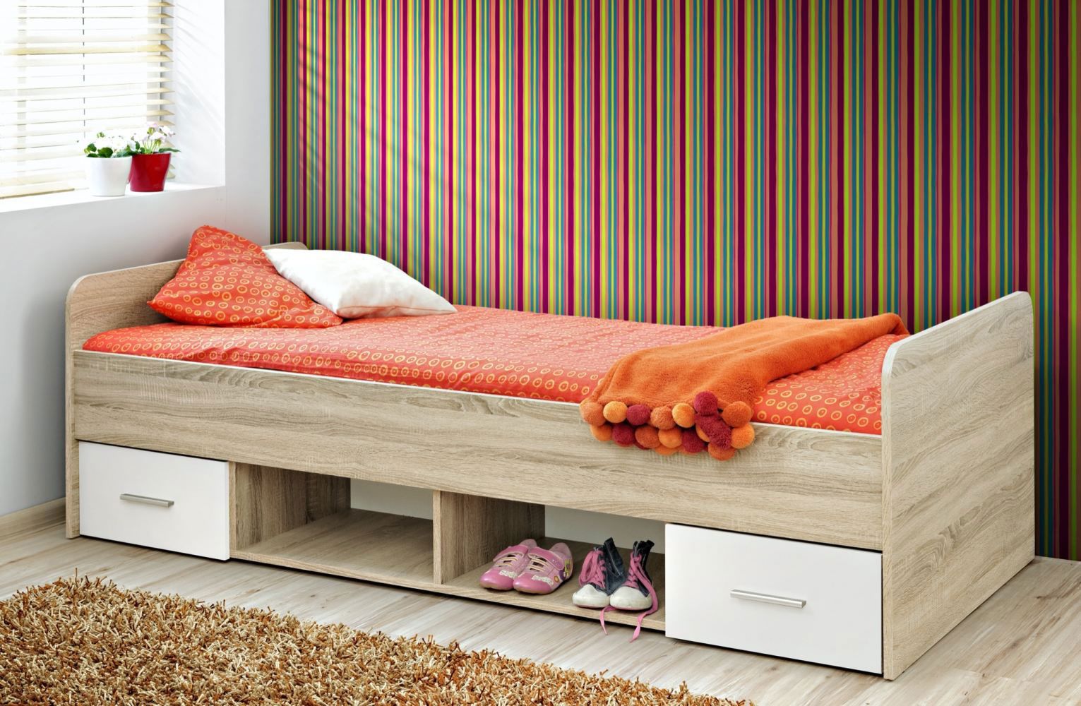 Eenpersoonsbed met twee laden en twee open vakken Velle 05, kleur: eiken Sonoma / wit - afmetingen: 90 x 200 cm