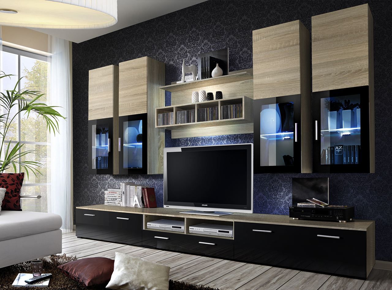 moderne woonwand met voldoende opbergruimte Bjordal 54, kleur: sonoma eiken / hoogglans zwart - afmetingen: 190 x 300 x 45 cm (h x b x d), met acht deuren