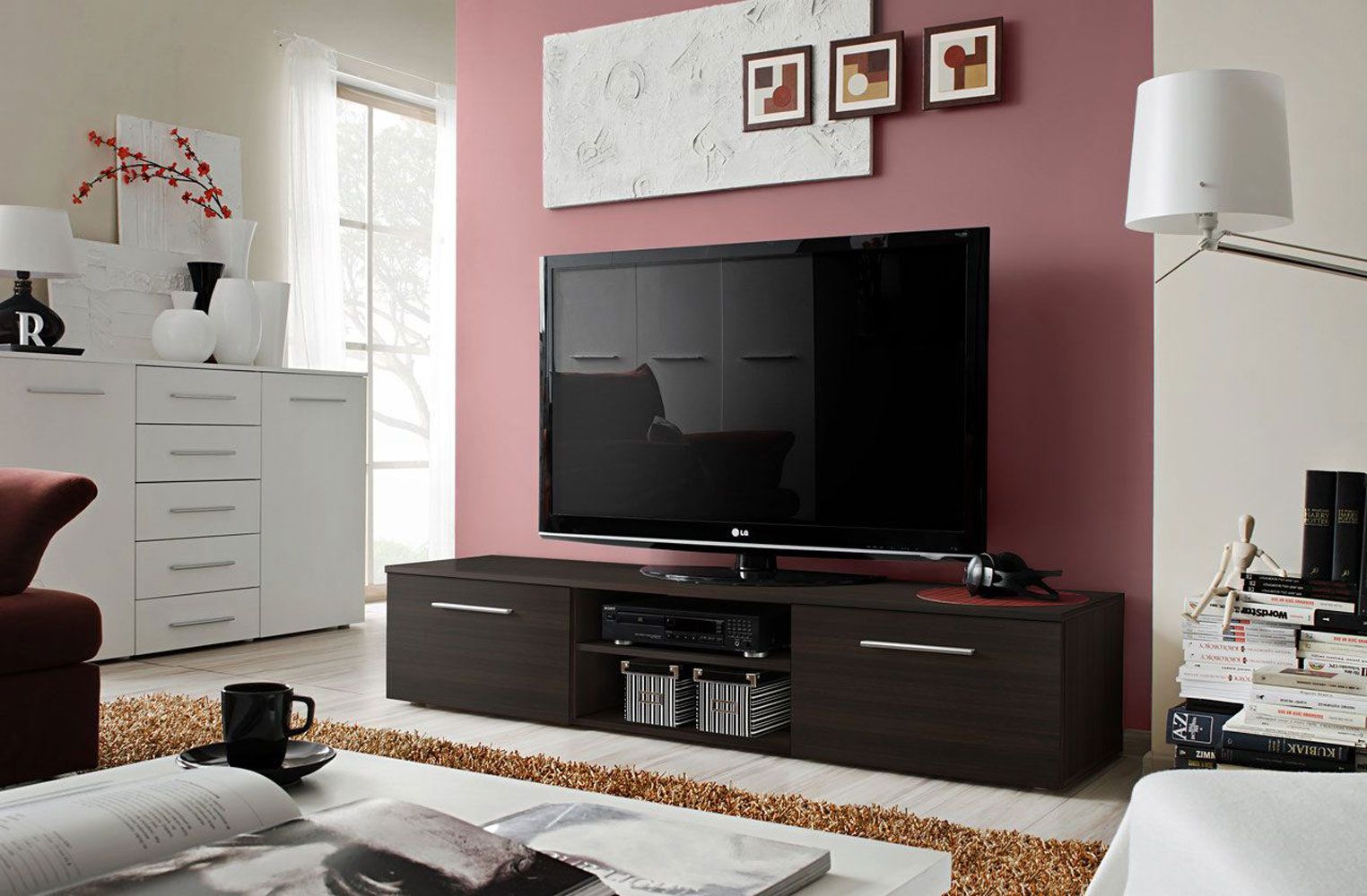 Eenvoudig TV-meubel Salmeli 21, kleur: zwart - Afmetingen: 35 x 180 x 45 cm (H x B x D), met twee deuren