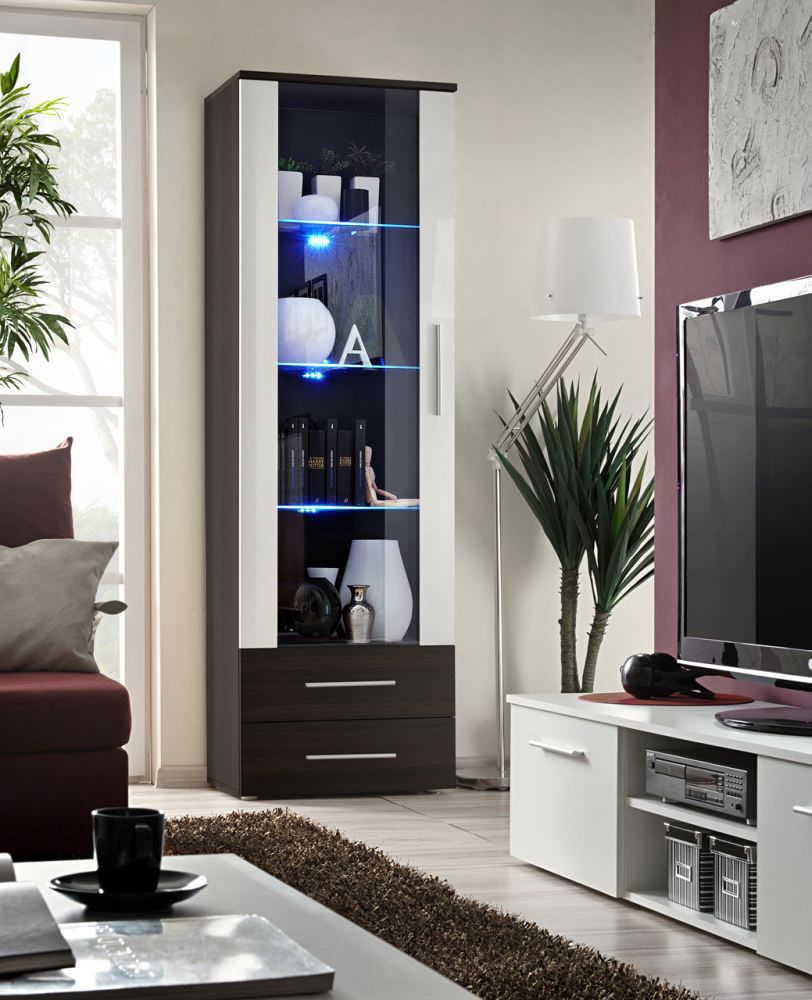 Moderne vitrinekast Salmeli 05, kleur: zwart / wit - Afmetingen: 190 x 60 x 40 cm (H x B x D), met LED-verlichting