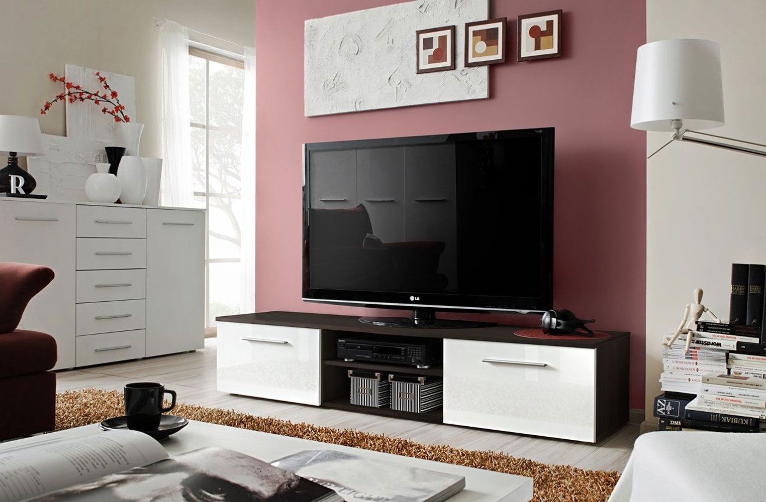 Salmeli 26 TV-meubel, kleur: wit / zwart - Afmetingen: 35 x 180 x 45 cm (H x B x D), met vier vakken