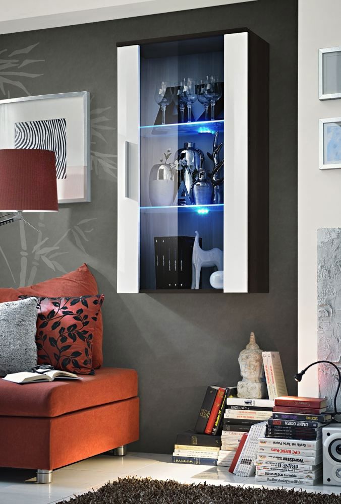 Moderne wandkast met drie vakken Salmeli 20, kleur: wit / zwart - Afmetingen: 110 x 60 x 29 cm (H x B x D), met LED-verlichting