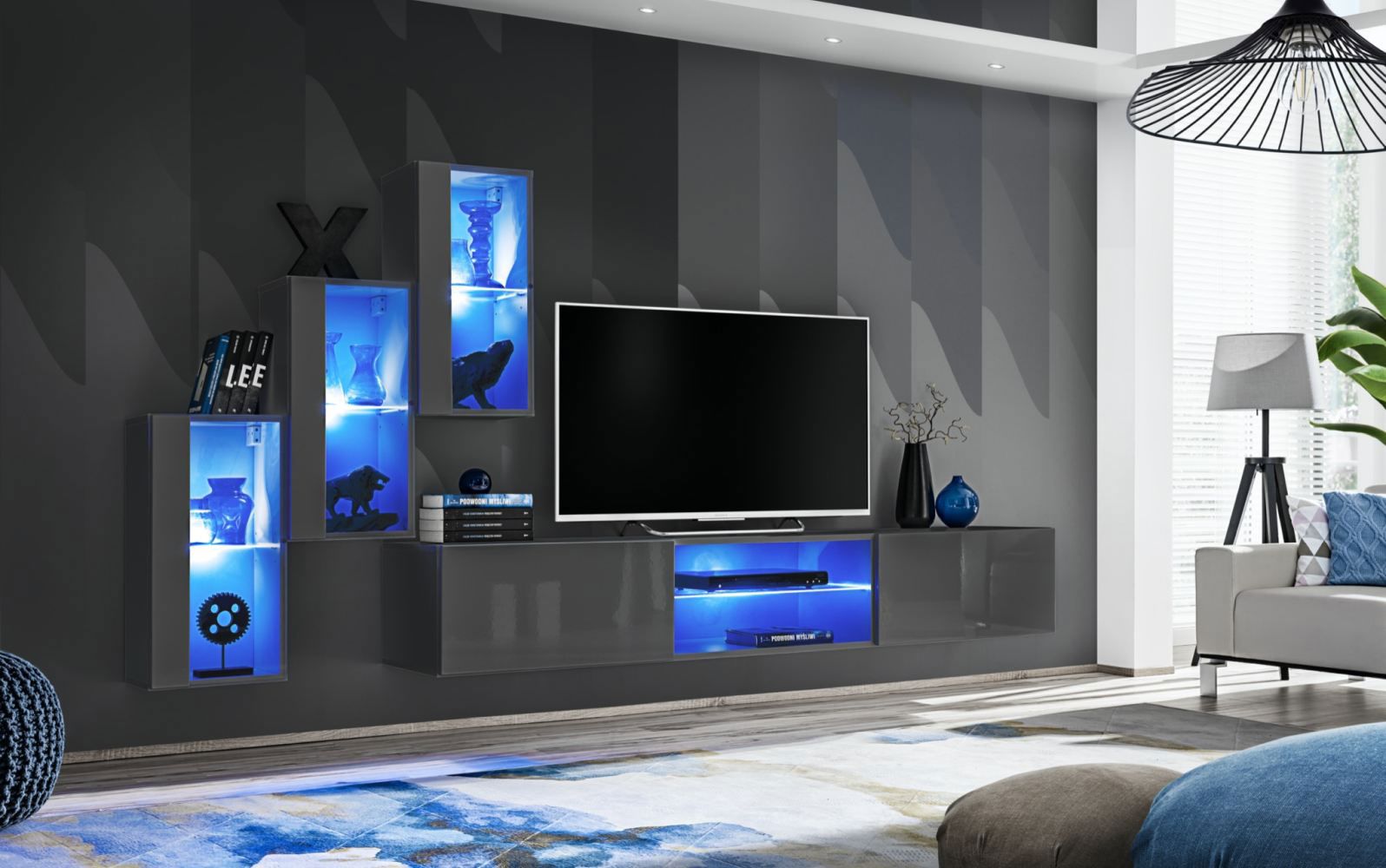 Hangelement met veel opbergruimte Volleberg 19, kleur: grijs - Afmetingen: 120 x 210 x 40 cm (H x B x D), met blauwe LED-verlichting