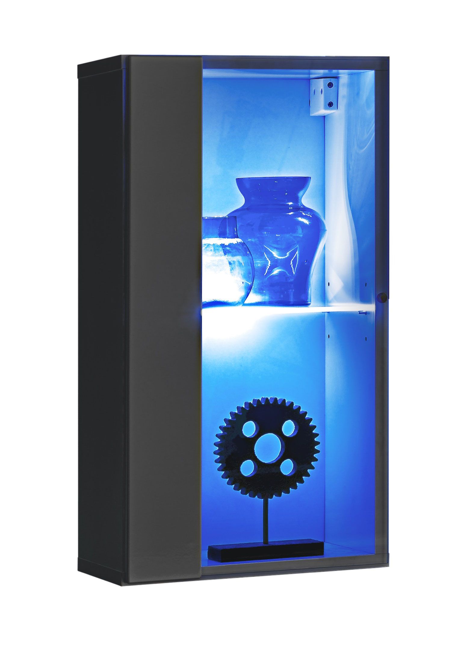 Stijlvolle hangvitrine met LED-verlichting Möllen 11, kleur: grijs - afmetingen: 60 x 30 x 25 cm (H x B x D), met push-to-open functie