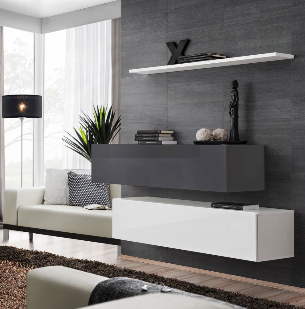 Twee elegante TV-onderkasten met hangplank Balestrand 345, kleur: wit/grijs - Afmetingen: 110 x 130 x 30 cm (H x B x D), met push-to-open functie