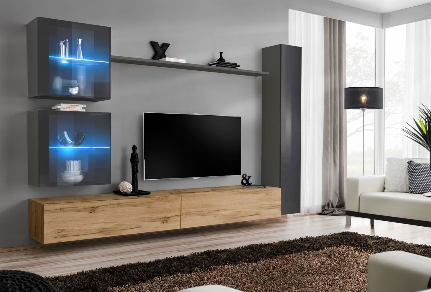 Hangelement met twee TV-onderkasten Balestrand 288, kleur: grijs / eiken Wotan - afmetingen: 180 x 280 x 40 cm (H x B x D), met push-to-open functie