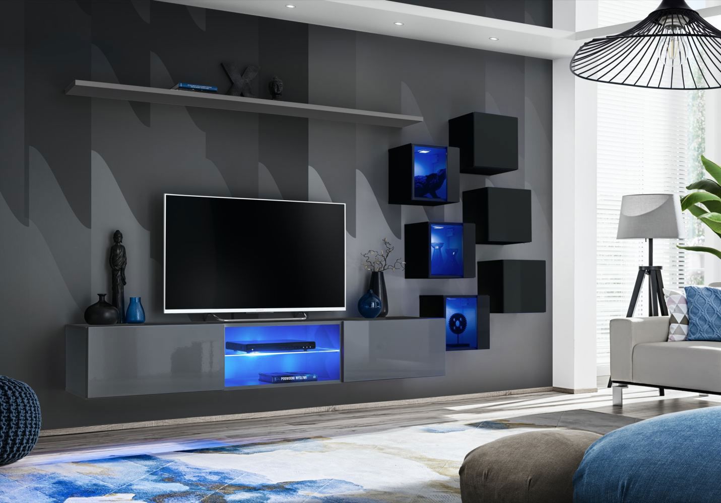 Hangelement in stijlvol Volleberg 09 design, kleur: grijs / zwart - Afmetingen: 140 x 260 x 40 cm (H x B x D), met blauwe LED-verlichting