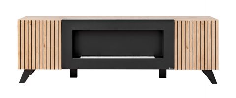 TV-meubel Nordkapp 05, kleur: Hickory Jackson / Zwart - Afmetingen: 52 x 160 x 45 cm (H x B x D), met twee vakken en een zwarte bio schouw