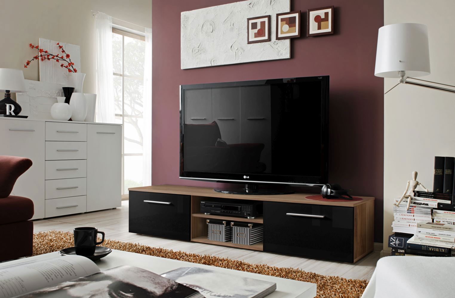 Modern TV-meubel Salmeli 25, kleur: zwart / bruin - Afmetingen: 35 x 180 x 45 cm (H x B x D), met twee deuren