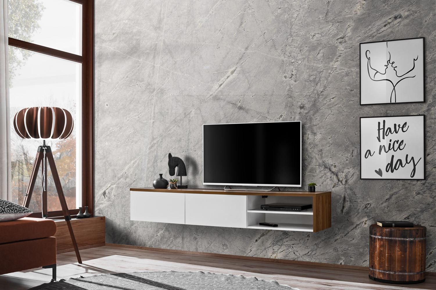Modern TV-meubel Bjordal 15, kleur: wit mat / eiken sterling - Afmetingen: 30 x 180 x 40 cm (H x B x D), met vier vakken
