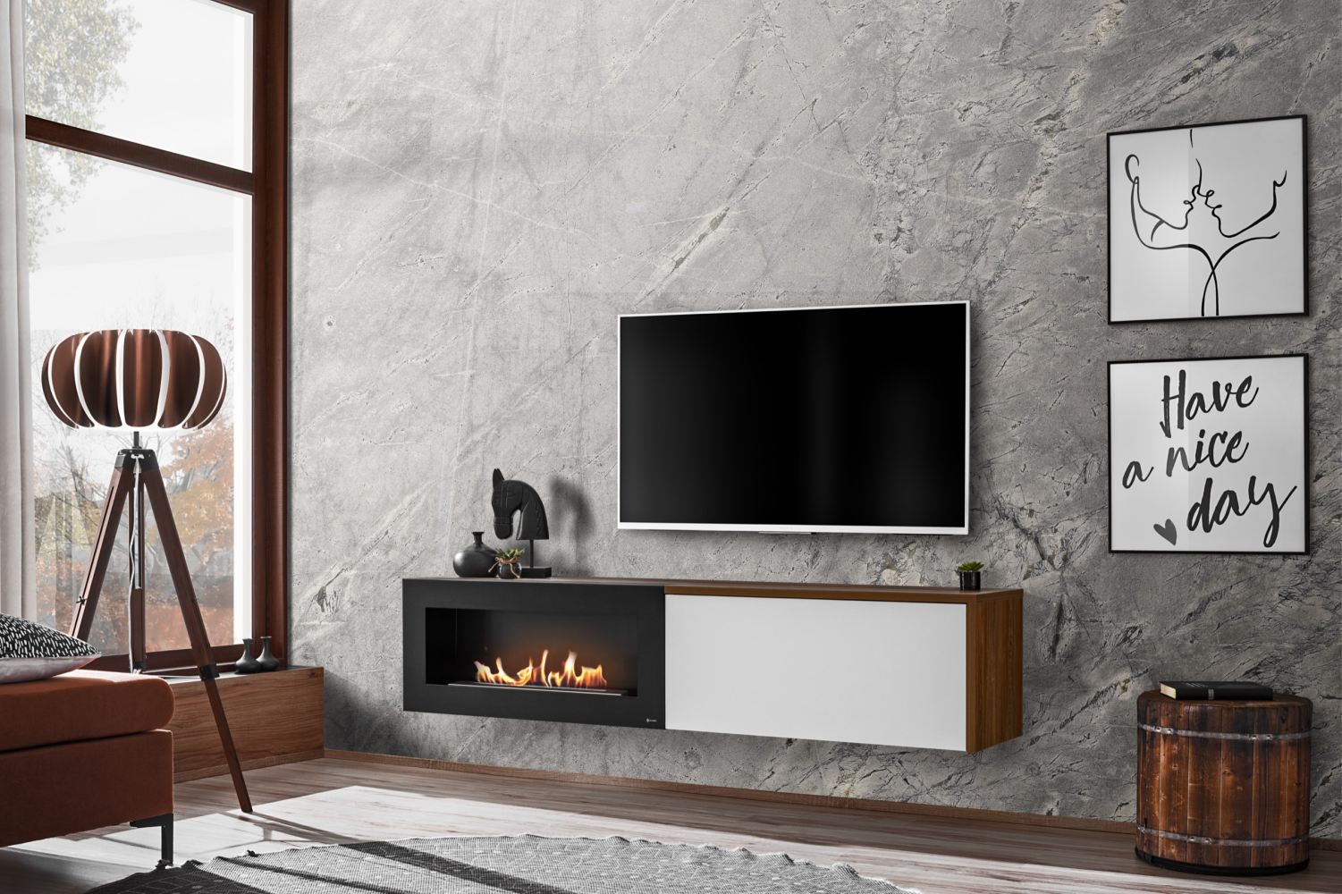 Elegant TV-meubel Bjordal 17, kleur: wit mat / eiken sterling - afmetingen: 40 x 180 x 40 cm (H x B x D), met bio-ethanol haard