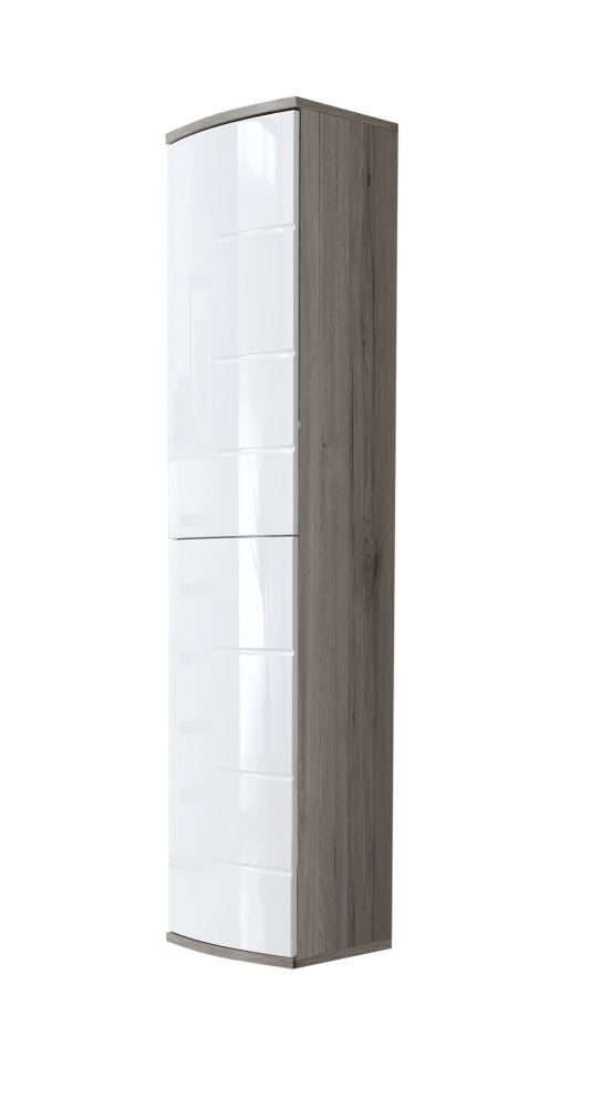 Grote kast Nese 03, kleur: wit hoogglans / eiken San Remo - Afmetingen: 184 x 50 x 35 cm (H x B x D), met push-to-open functie
