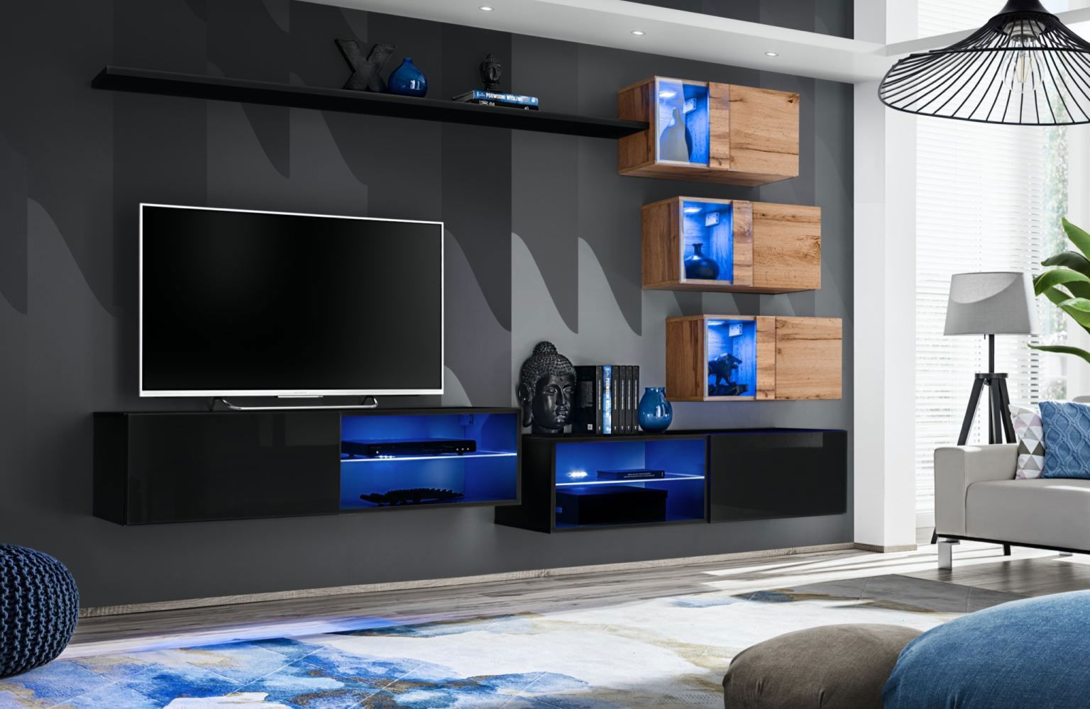 Volleberg 62 woonkamer wandmeubel, kleur: zwart / Wotan eik - Afmetingen: 150 x 250 x 40 cm (H x B x D), met twee TV-onderkasten