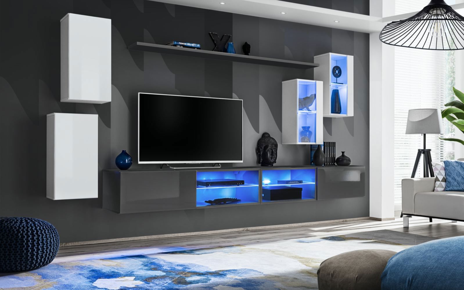 Bijzonder wandmeubel Volleberg 71, kleur: wit/grijs - Afmetingen: 150 x 280 x 40 cm (H x B x D), met twee TV-onderkasten