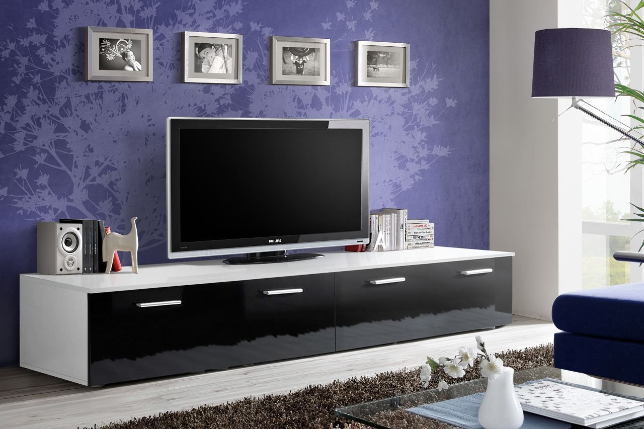 TV-meubel met vier vakken Bjordal 60, kleur: zwart hoogglans / wit mat - Afmetingen: 35 x 200 x 45 cm (H x B x D)