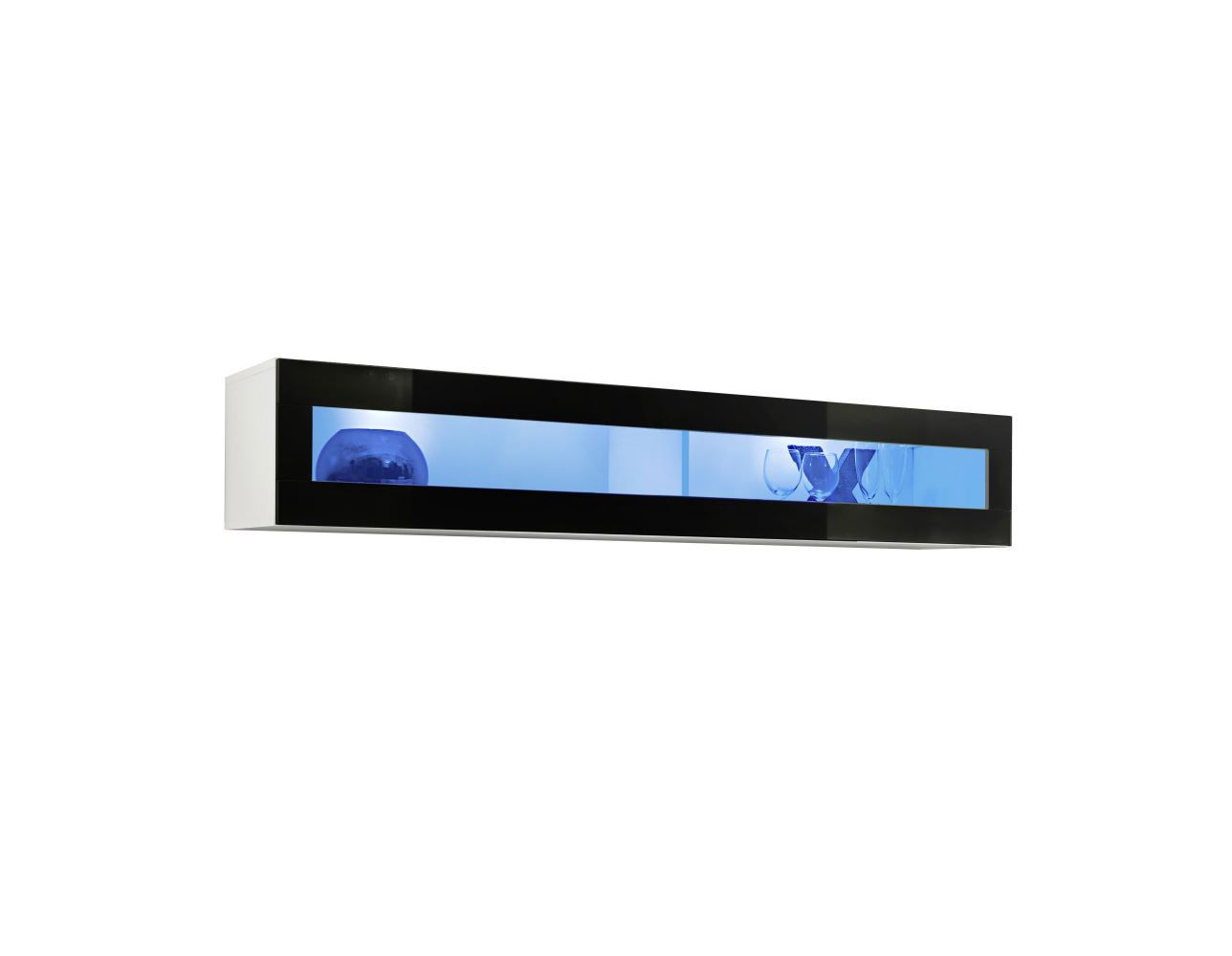Hangvitrine met twee vakken Raudberg 38, kleur: wit / zwart - afmetingen: 30 x 160 x 29 cm (H x B x D), met blauwe LED-verlichting