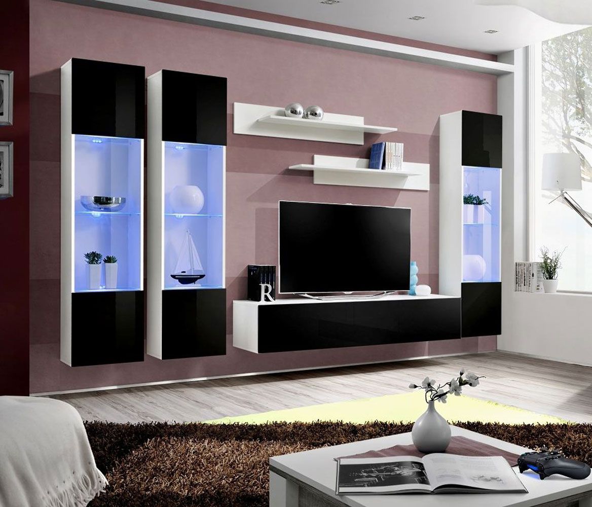 Moderne woonkamerwand met push-to-open functie Hompland 29, kleur: wit / zwart - Afmetingen: 170 x 260 x 40 cm (H x B x D), met LED-verlichting